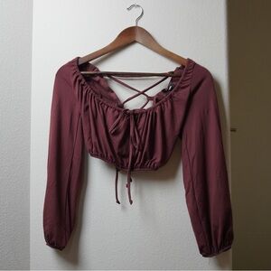 Red-Brown Long Sleeve Open Back Crop Top